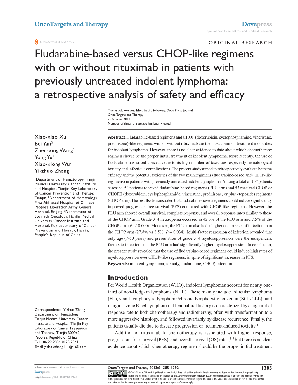 Fludarabine-Based Versus Chop-Like Regimens with Or Without Rituximab in Patients with Previously Untreated Indolent Lymphoma