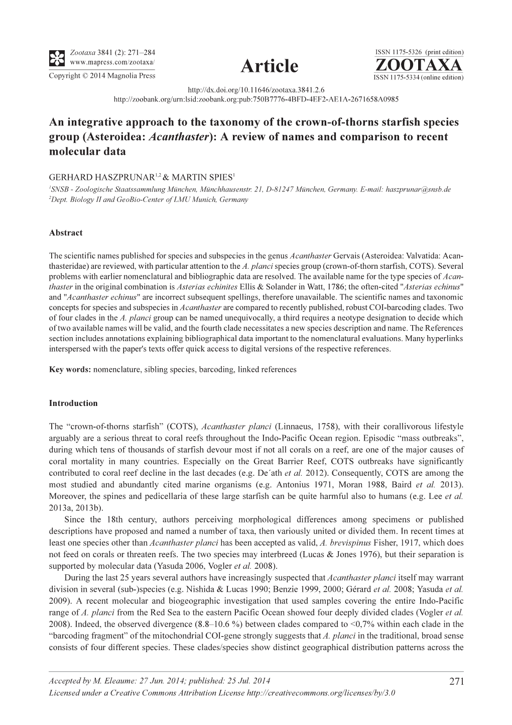 (Asteroidea: Acanthaster): a Review of Names and Comparison to Recent Molecular Data