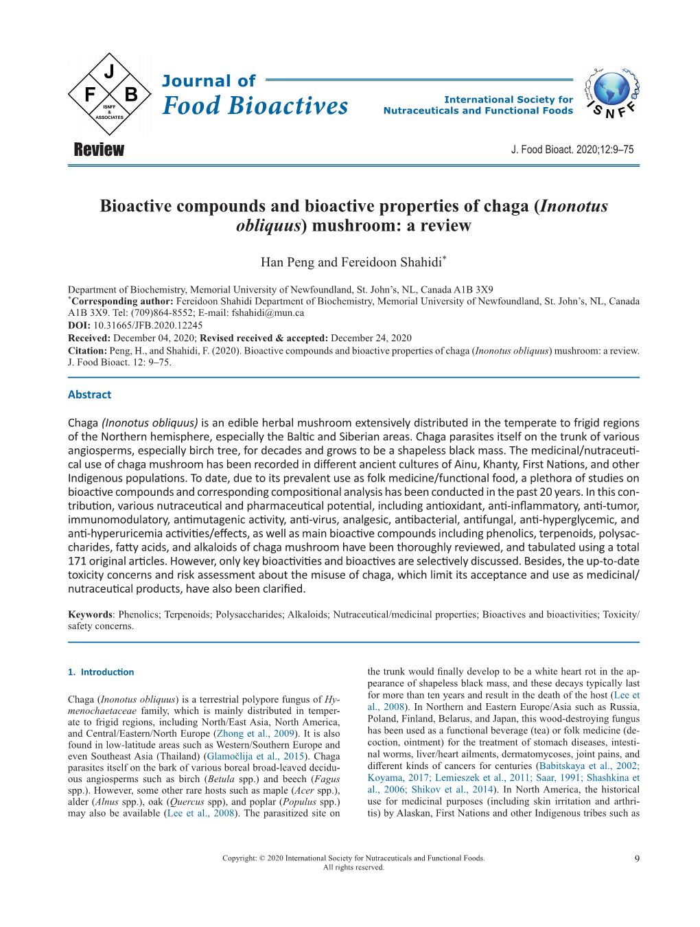 Inonotus Obliquus) Mushroom: a Review