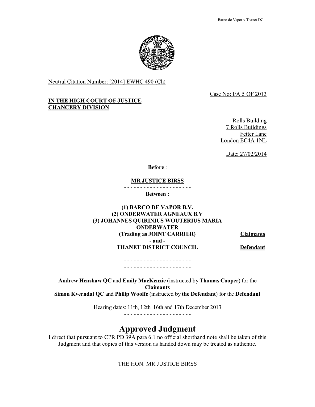 Barco De Vapor & Ors V Thanet District Council