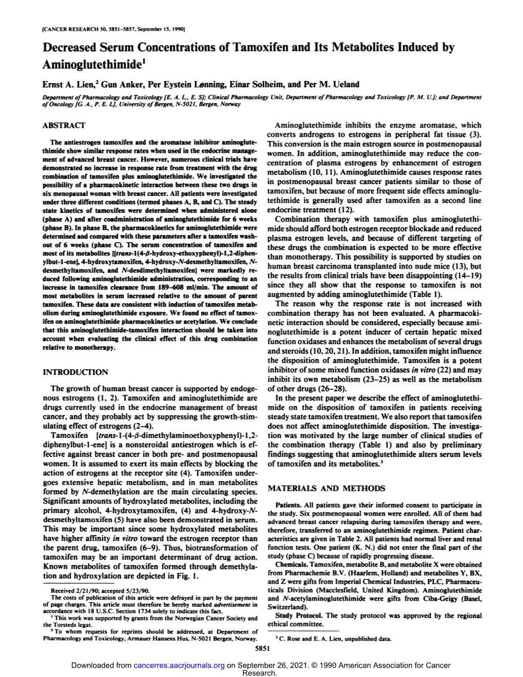 Decreased Serum Concentrations of Tamoxifen and Its Metabolites Induced by Aminoglutethimide1