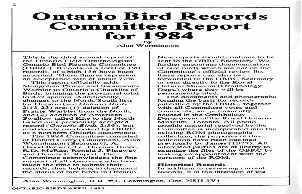 Ontario Bird Records Committee Report for 1984