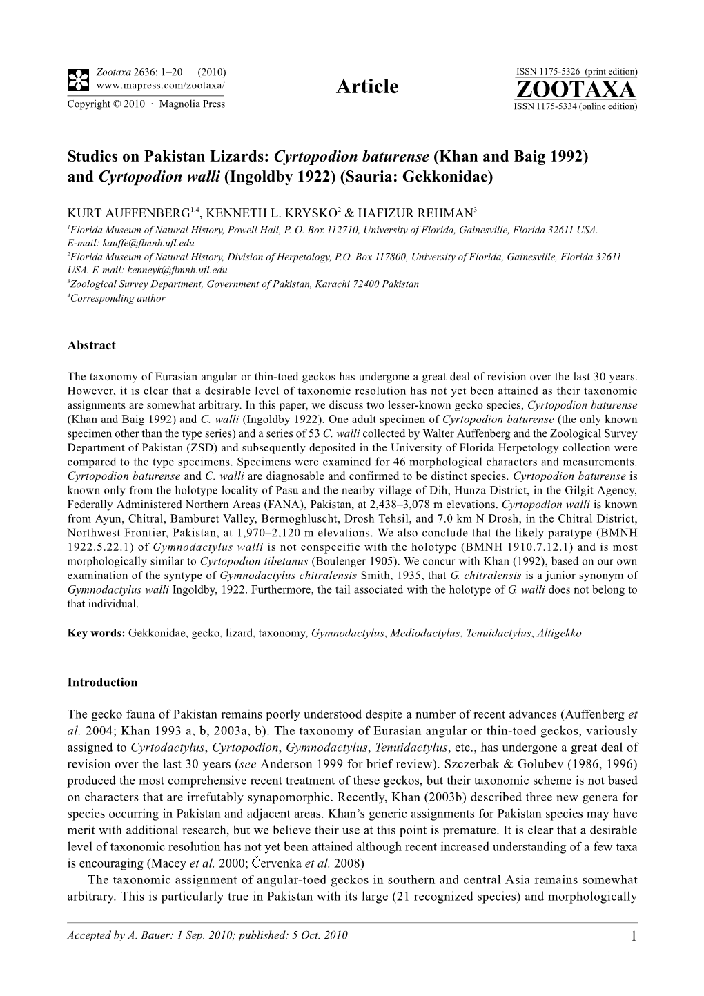 Cyrtopodion Baturense (Khan and Baig 1992) and Cyrtopodion Walli (Ingoldby 1922) (Sauria: Gekkonidae)