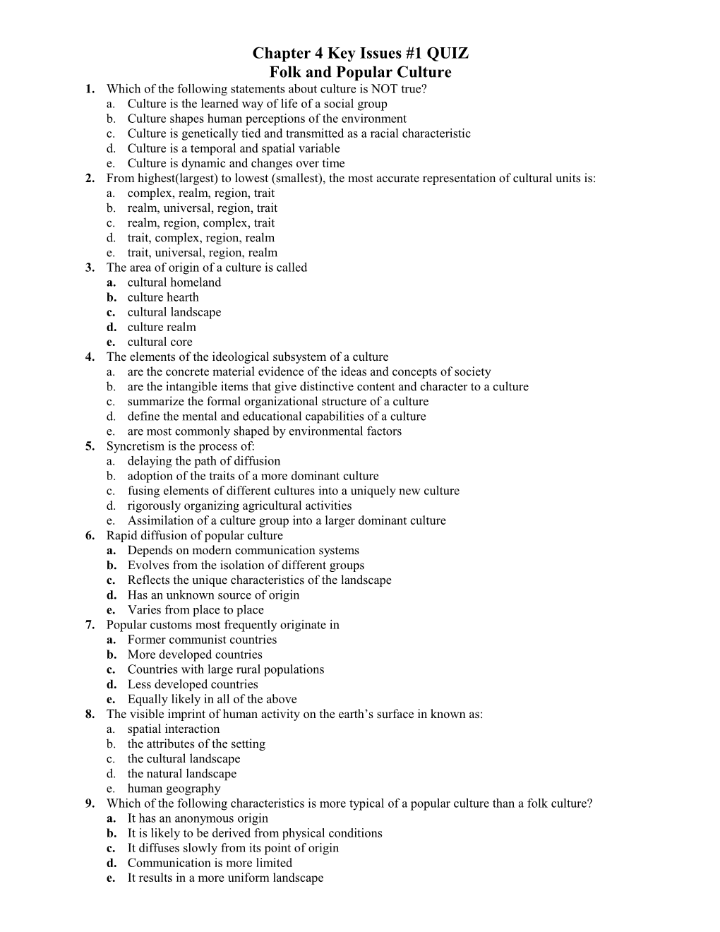 Chapter 4 Key Issues #1 & #2 QUIZ