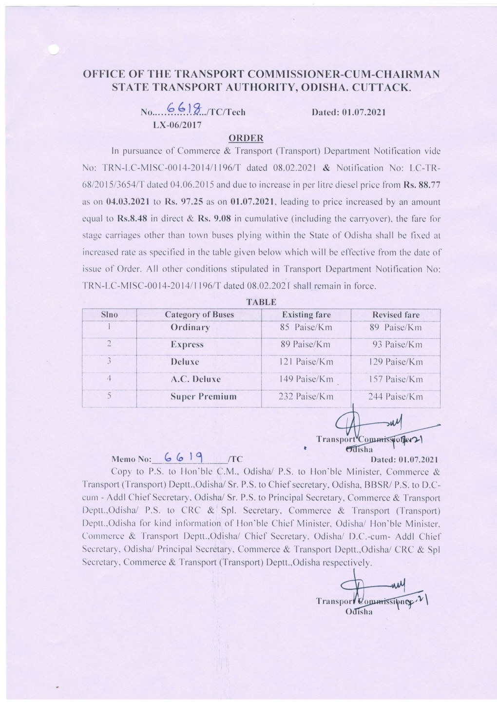 Order No 6618 (Revised Bus Fare W.E.F. 01.07.2021)