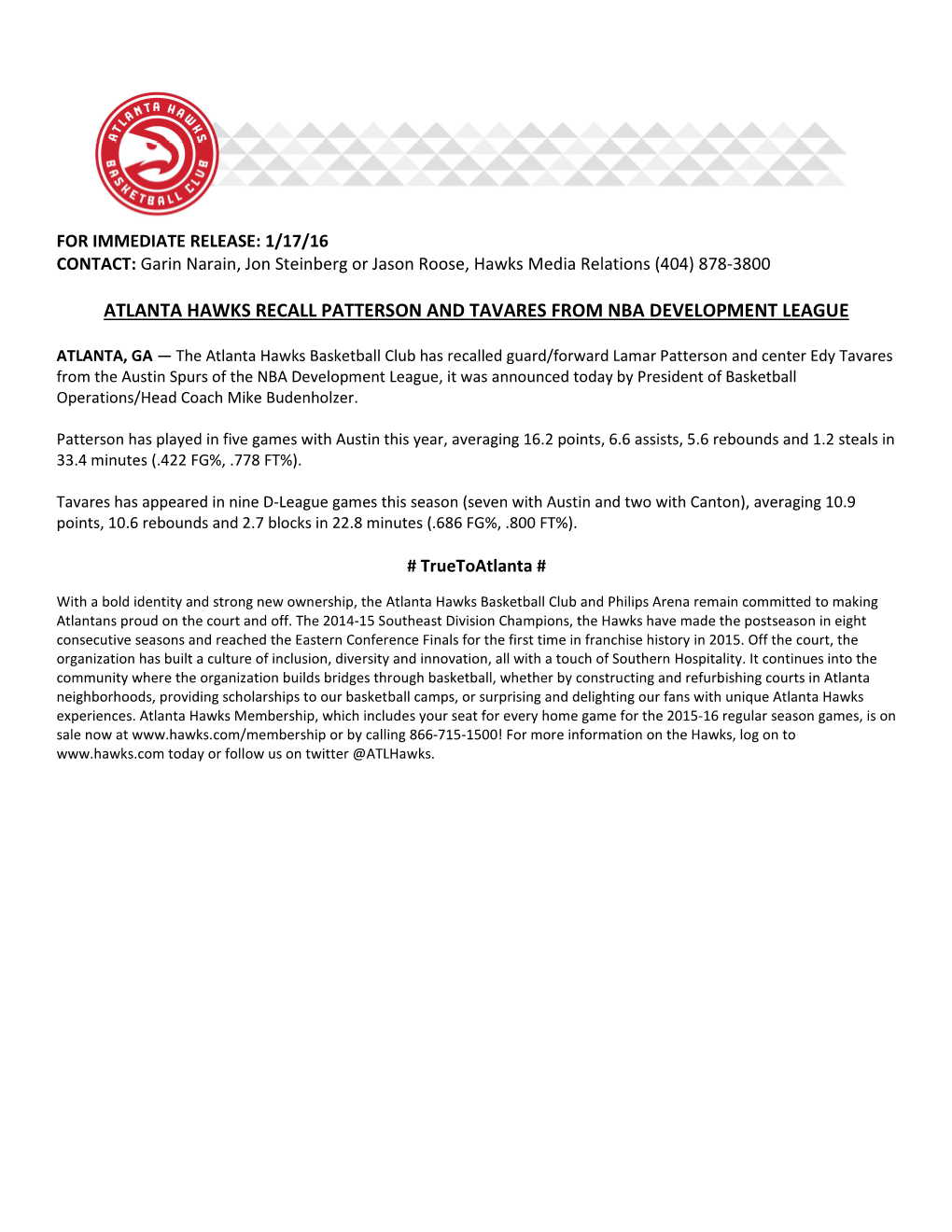Atlanta Hawks Recall Patterson and Tavares from Nba Development League