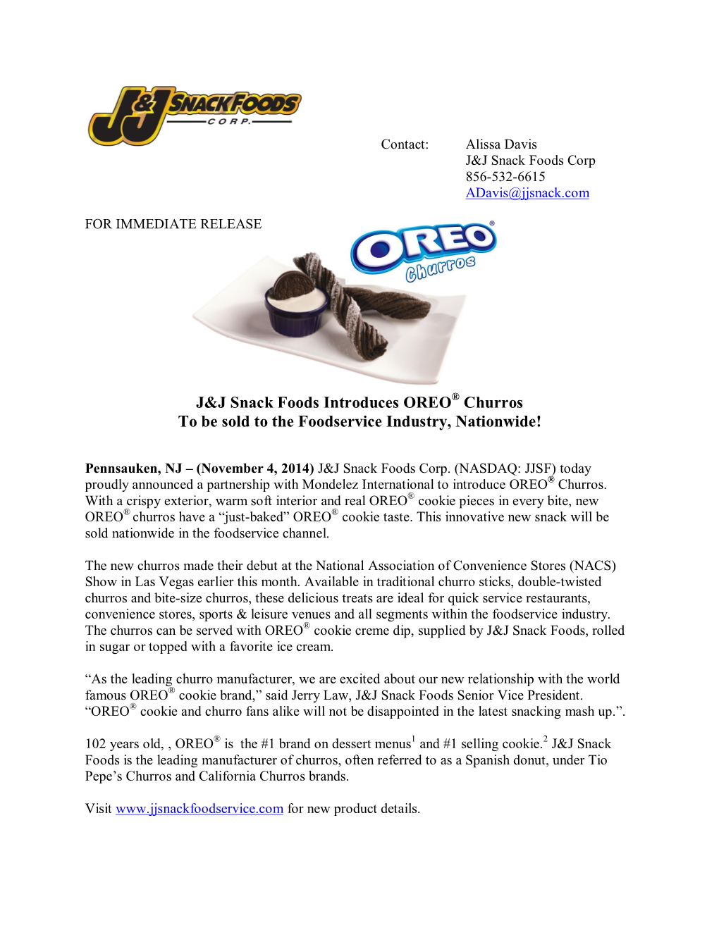 J&J Snack Foods Introduces OREO® Churros to Be Sold to The