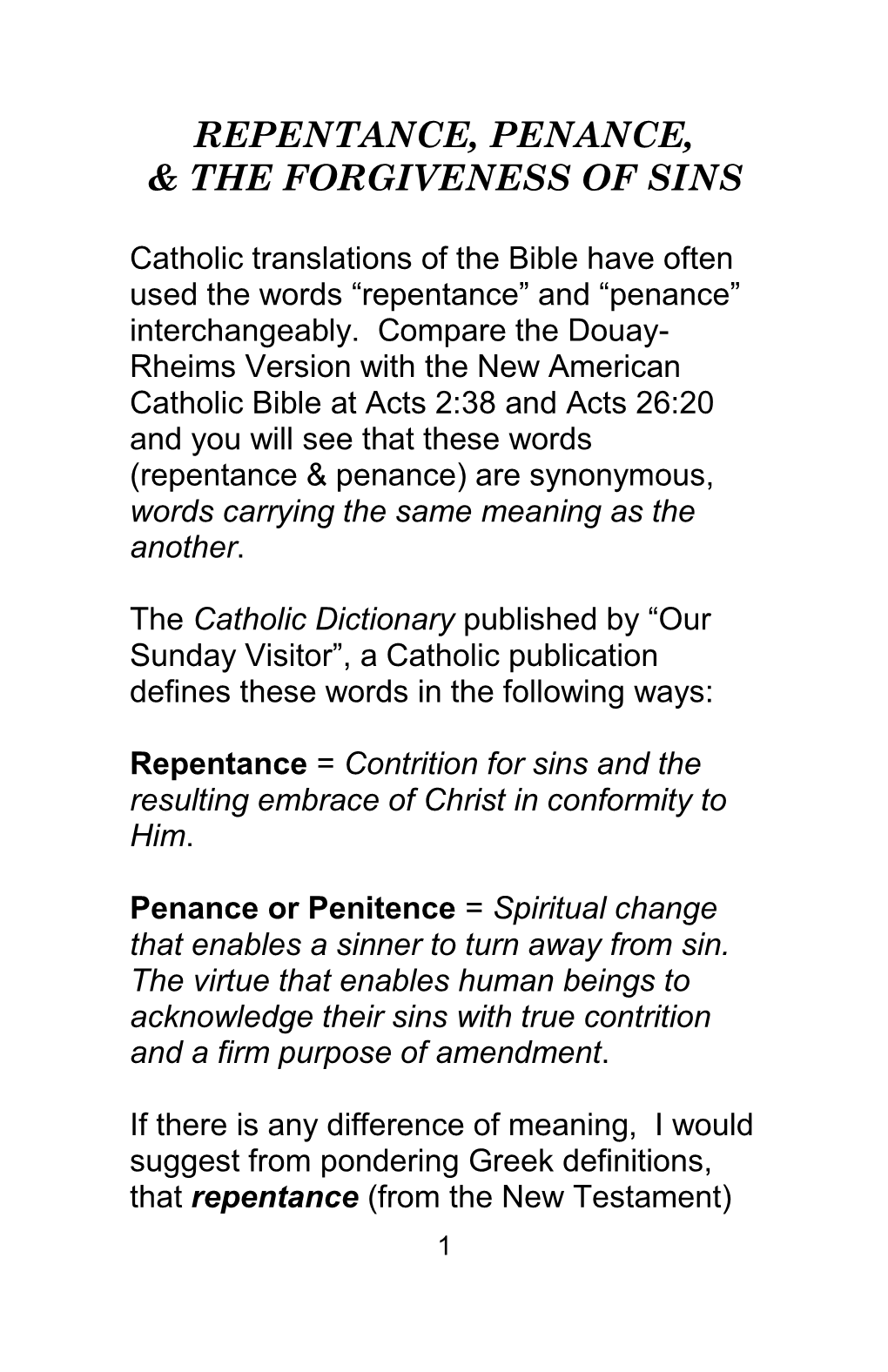 Repentance, Penance, & the Forgiveness of Sins