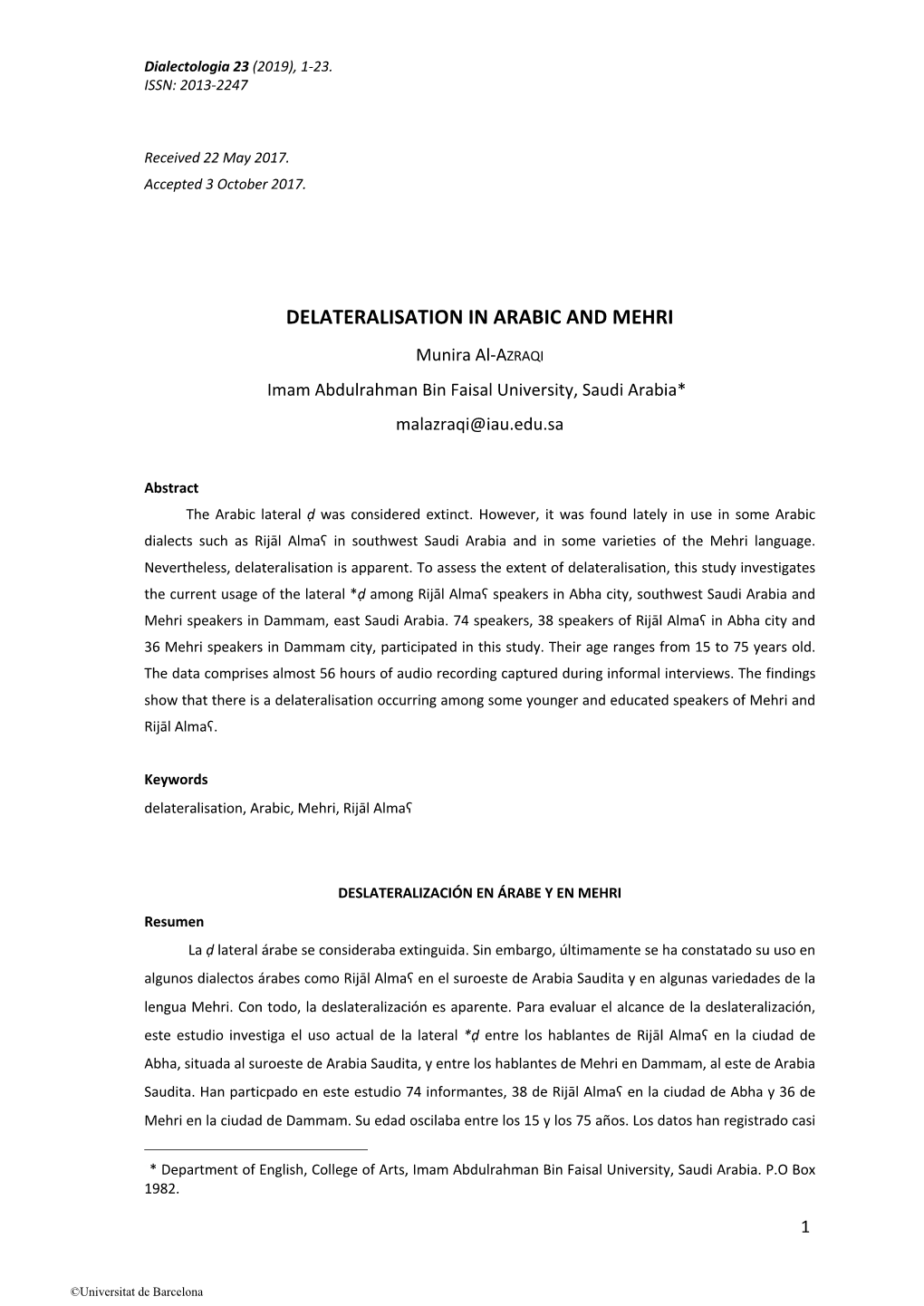 Delateralisation in Arabic and Mehri