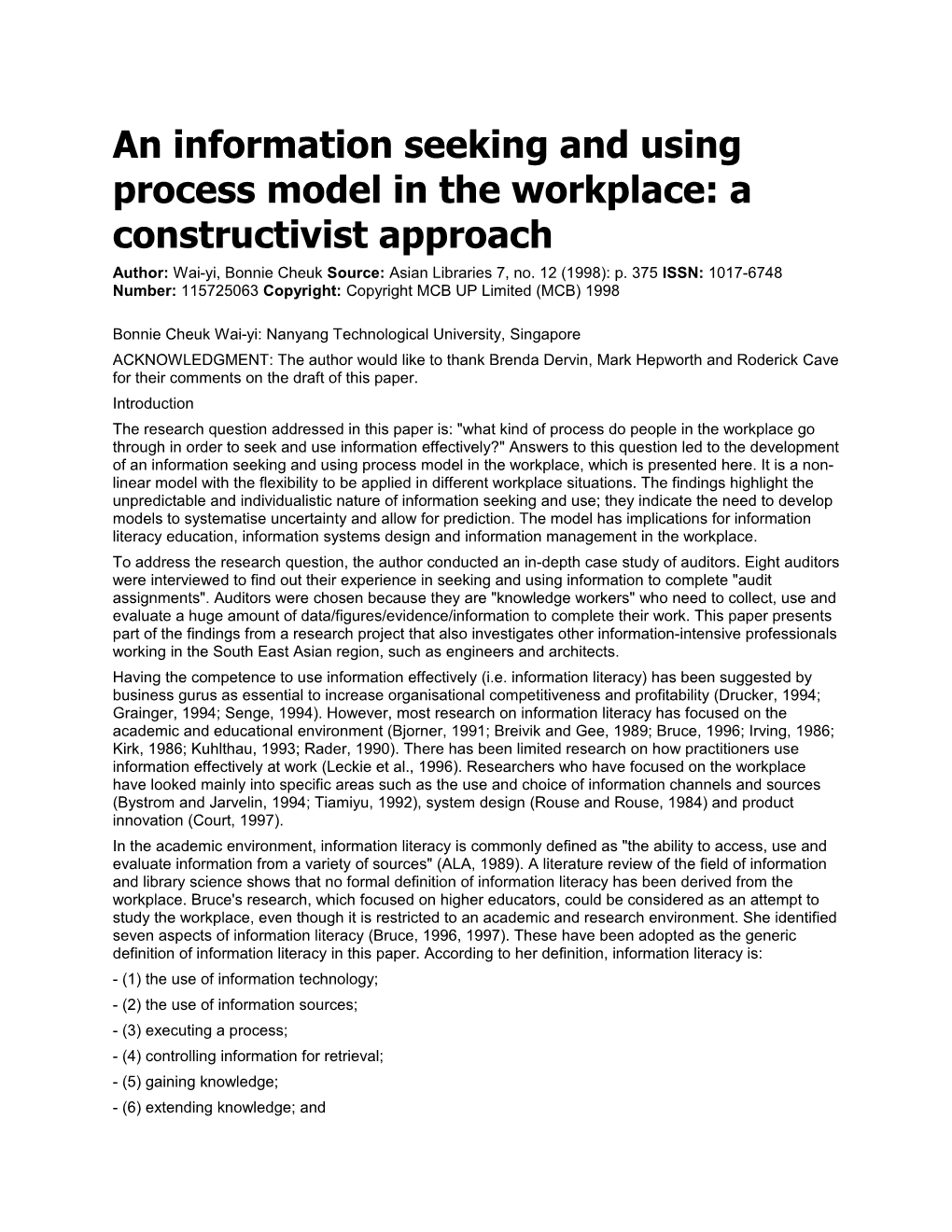 An Information Seeking and Using Process Model in the Workplace: a Constructivist Approach