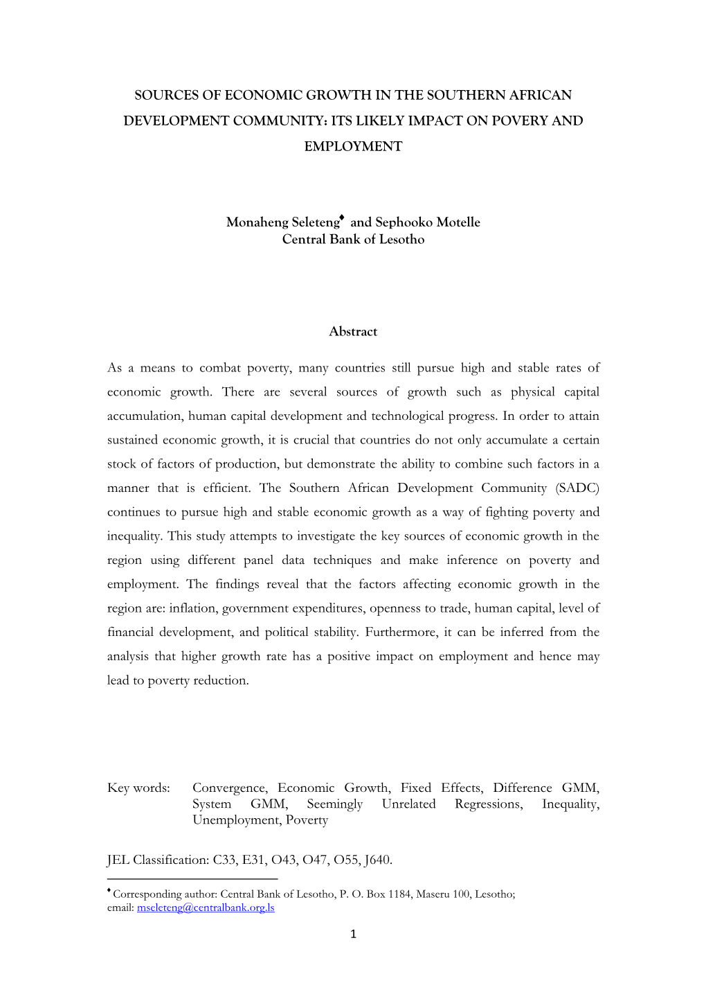 Sources of Economic Growth in the Southern African Development Community: Its Likely Impact on Povery and Employment