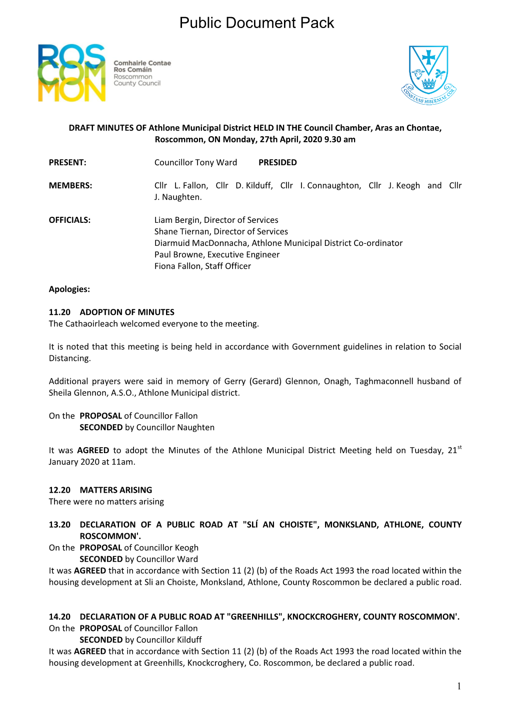 Minutes Document for Athlone Municipal District, 27/04/2020 09:30