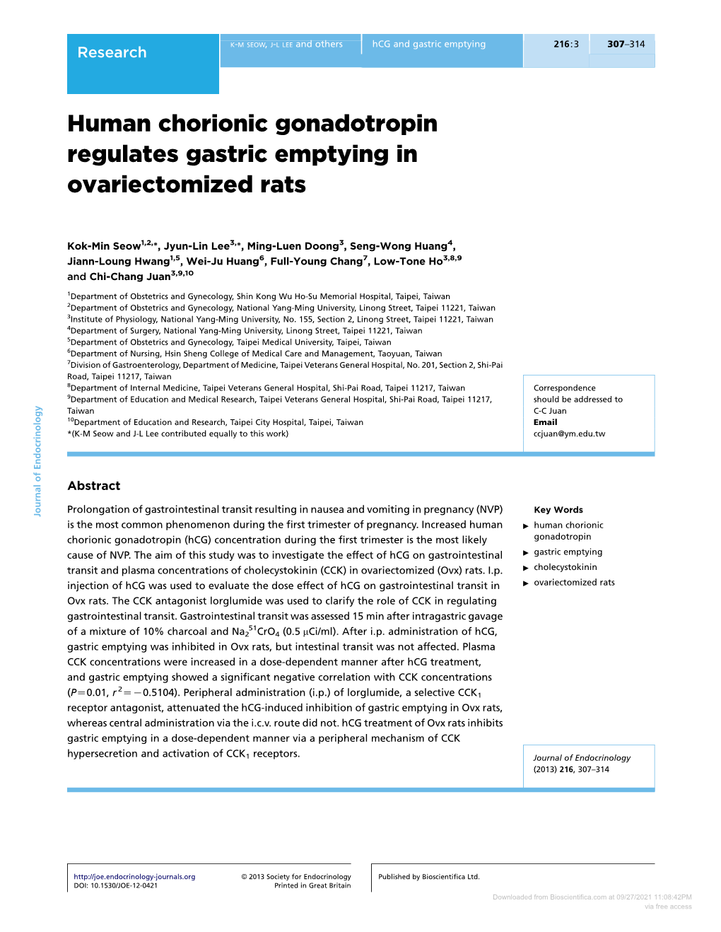 Human Chorionic Gonadotropin Regulates Gastric Emptying in Ovariectomized Rats