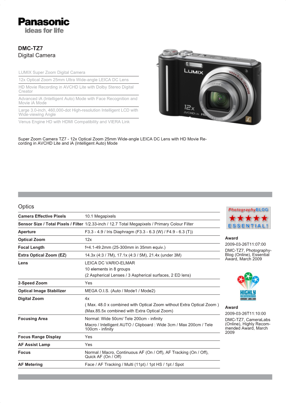 DMC-TZ7 Digital Camera Optics