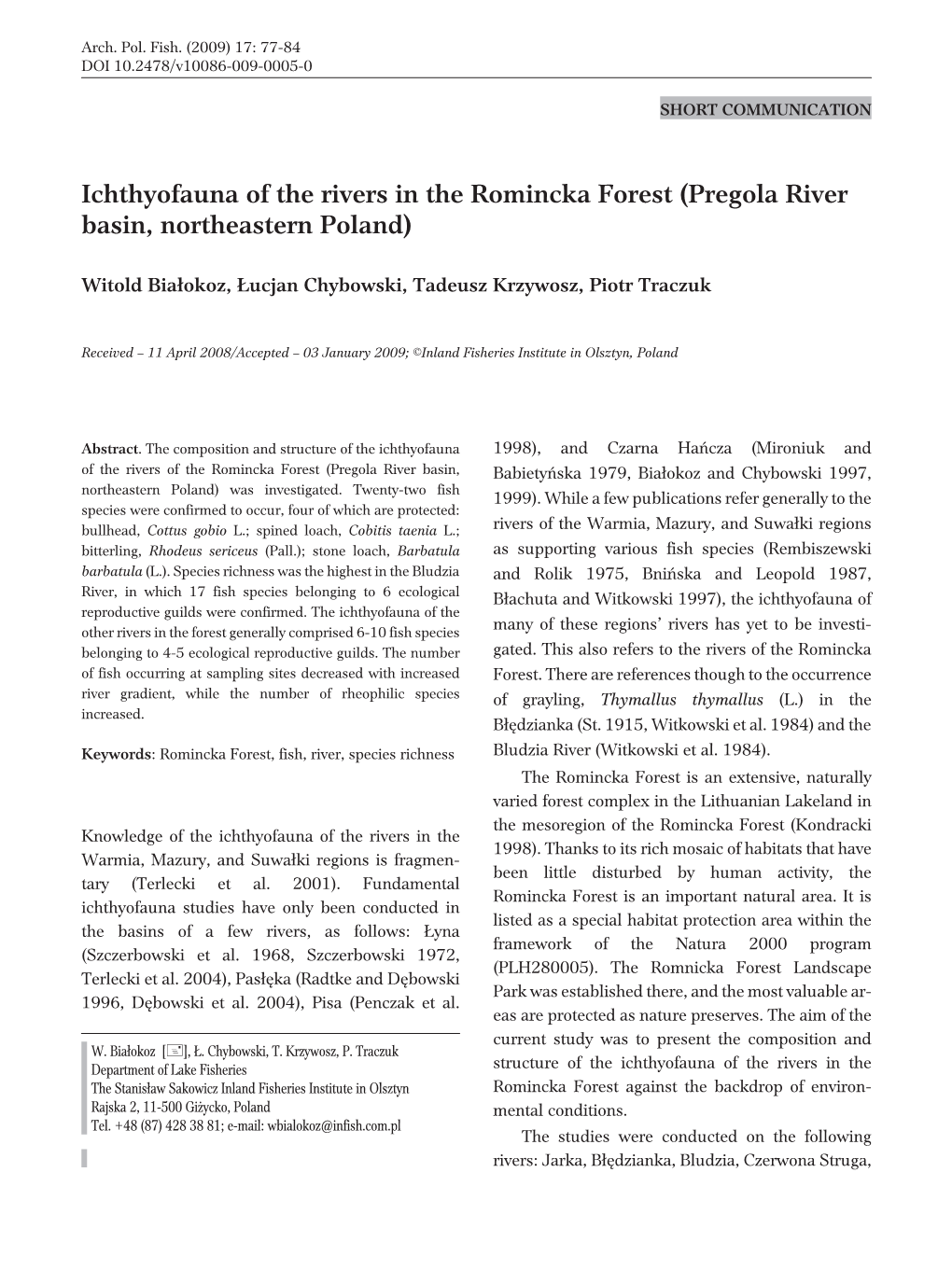 Ichthyofauna of the Rivers in the Romincka Forest (Pregola River Basin, Northeastern Poland)