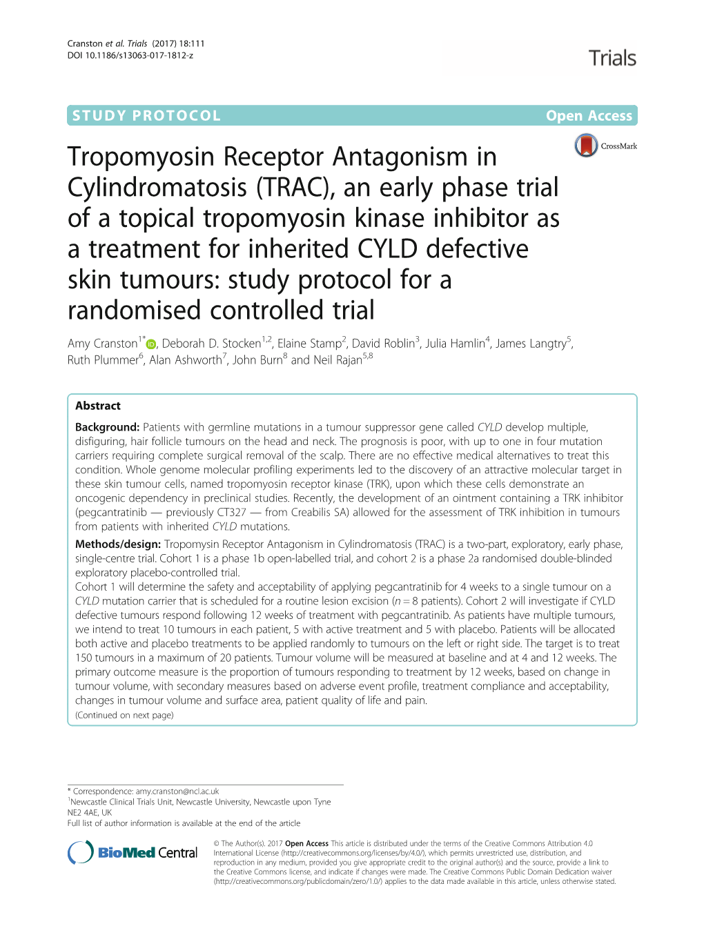 Tropomyosin Receptor Antagonism in Cylindromatosis (TRAC), an Early Phase Trial of a Topical Tropomyosin Kinase Inhibitor As