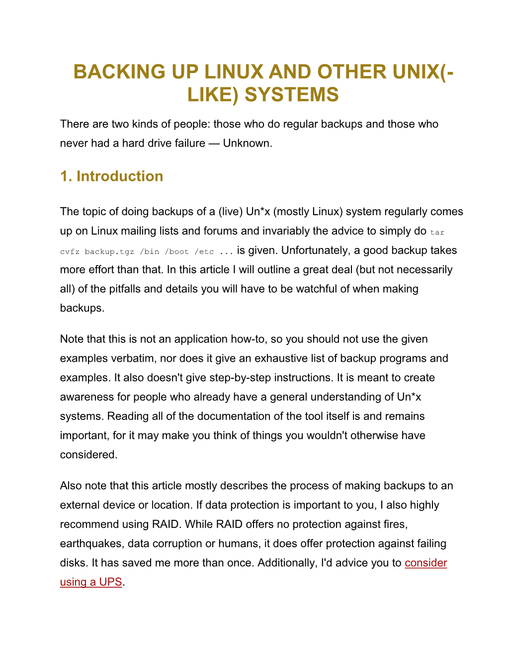 Backing up Linux and Other Unix(- Like) Systems