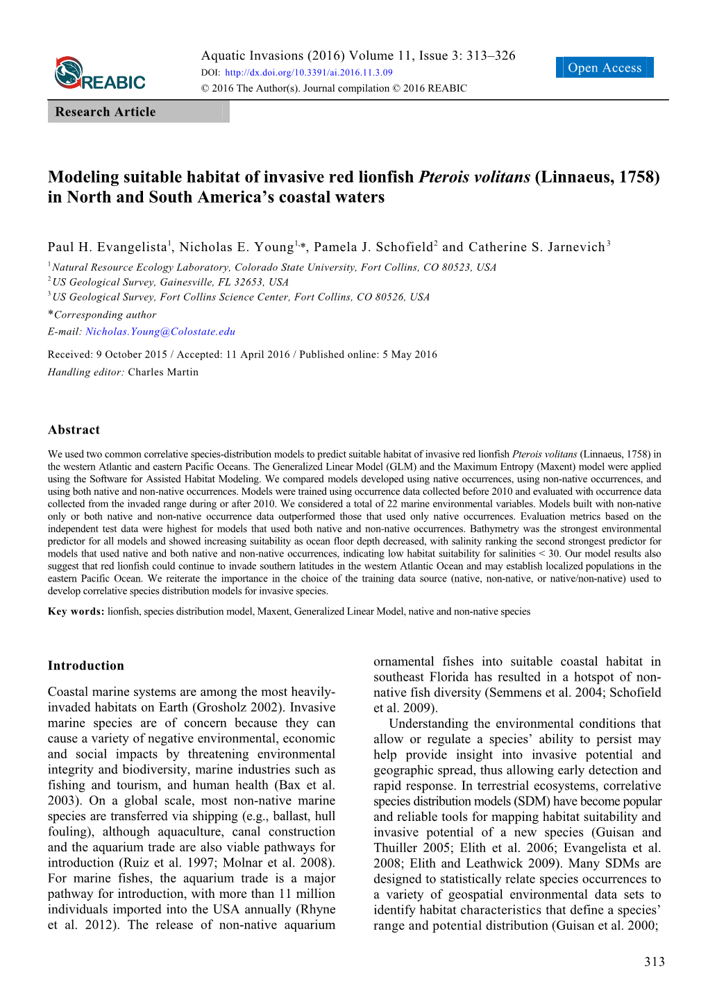 Modeling Suitable Habitat of Invasive Red Lionfish Pterois Volitans (Linnaeus, 1758) in North and South America’S Coastal Waters