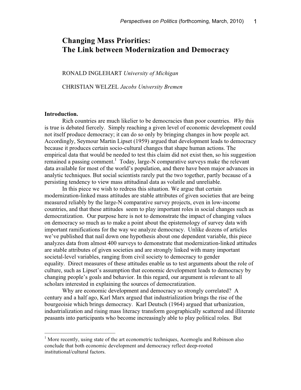 Inglehart Mass Priorities and Democracy