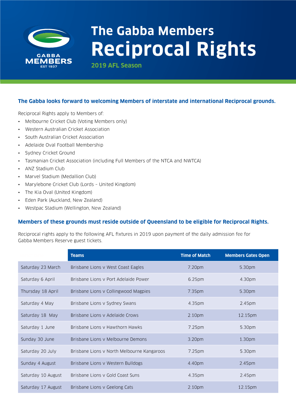 The Gabba Reciprocal Rights Ticket Application Form