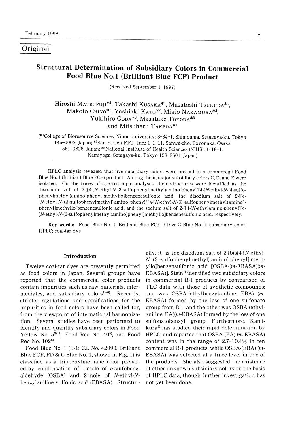 Structural Determination of Subsidiary Colors in Commercial Food Blue No