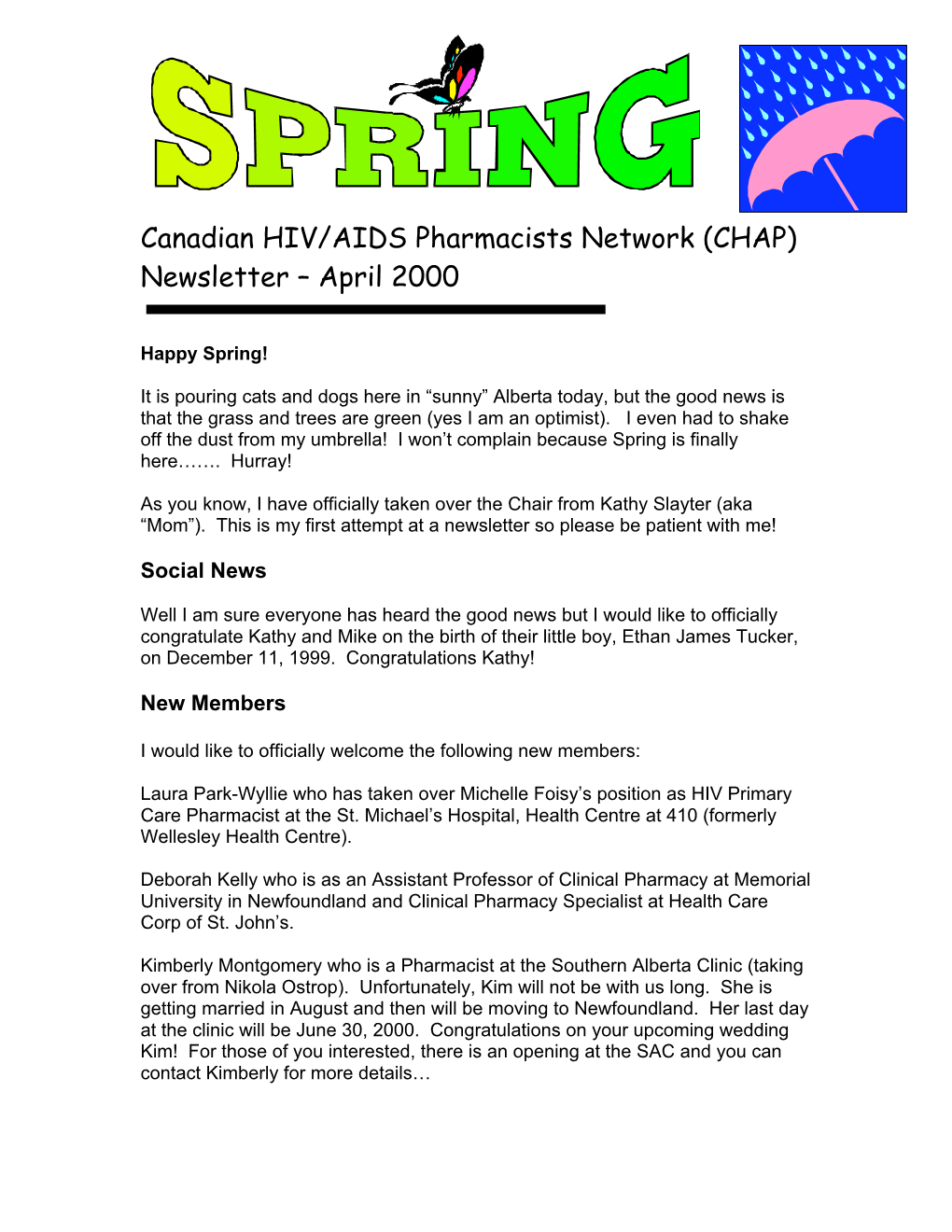 Canadian HIV/AIDS Pharmacists Network (CHAP) Newsletter – April 2000