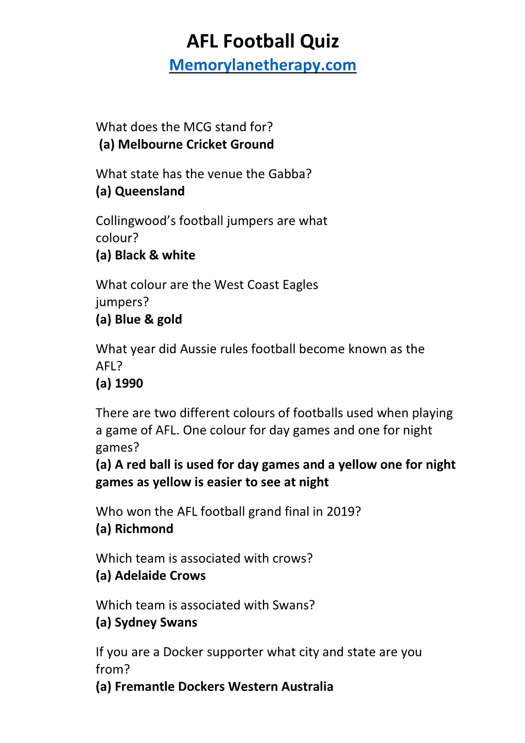 AFL Football Quiz Memorylanetherapy.Com