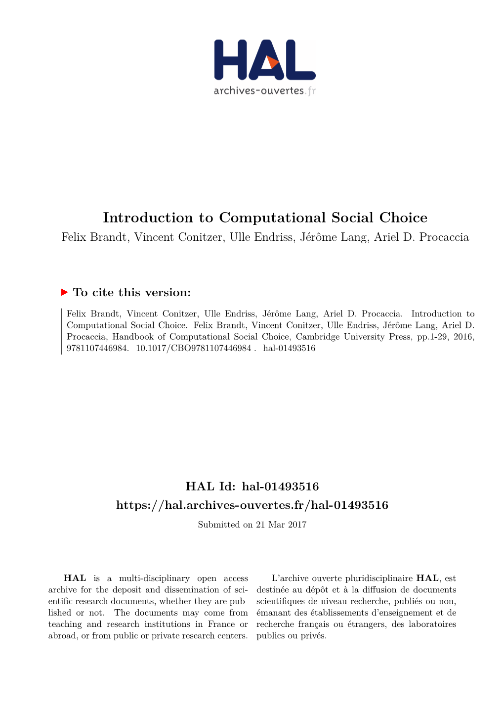 Introduction to Computational Social Choice Felix Brandt, Vincent Conitzer, Ulle Endriss, Jérôme Lang, Ariel D