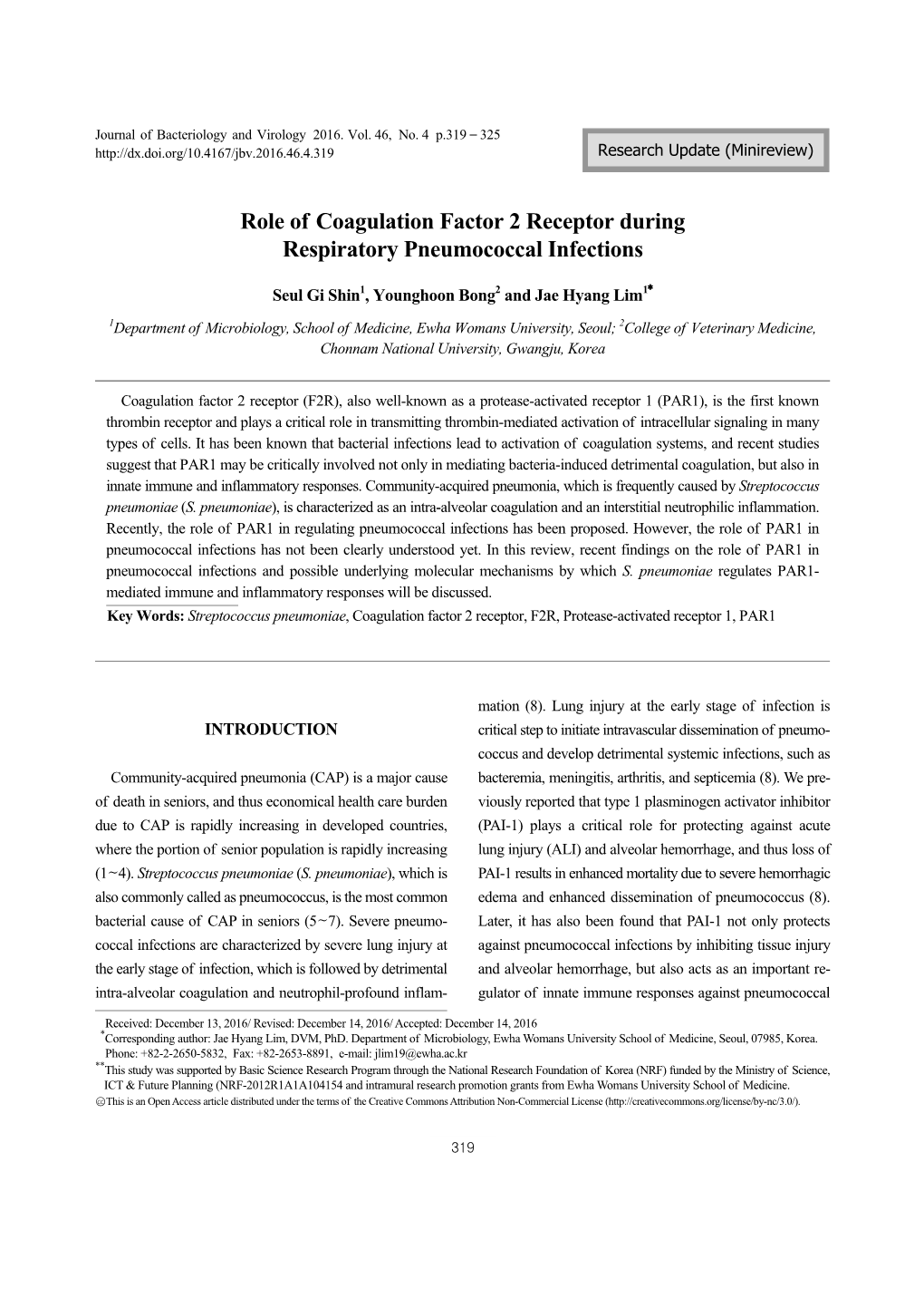 Role of Coagulation Factor 2 Receptor During Respiratory Pneumococcal Infections