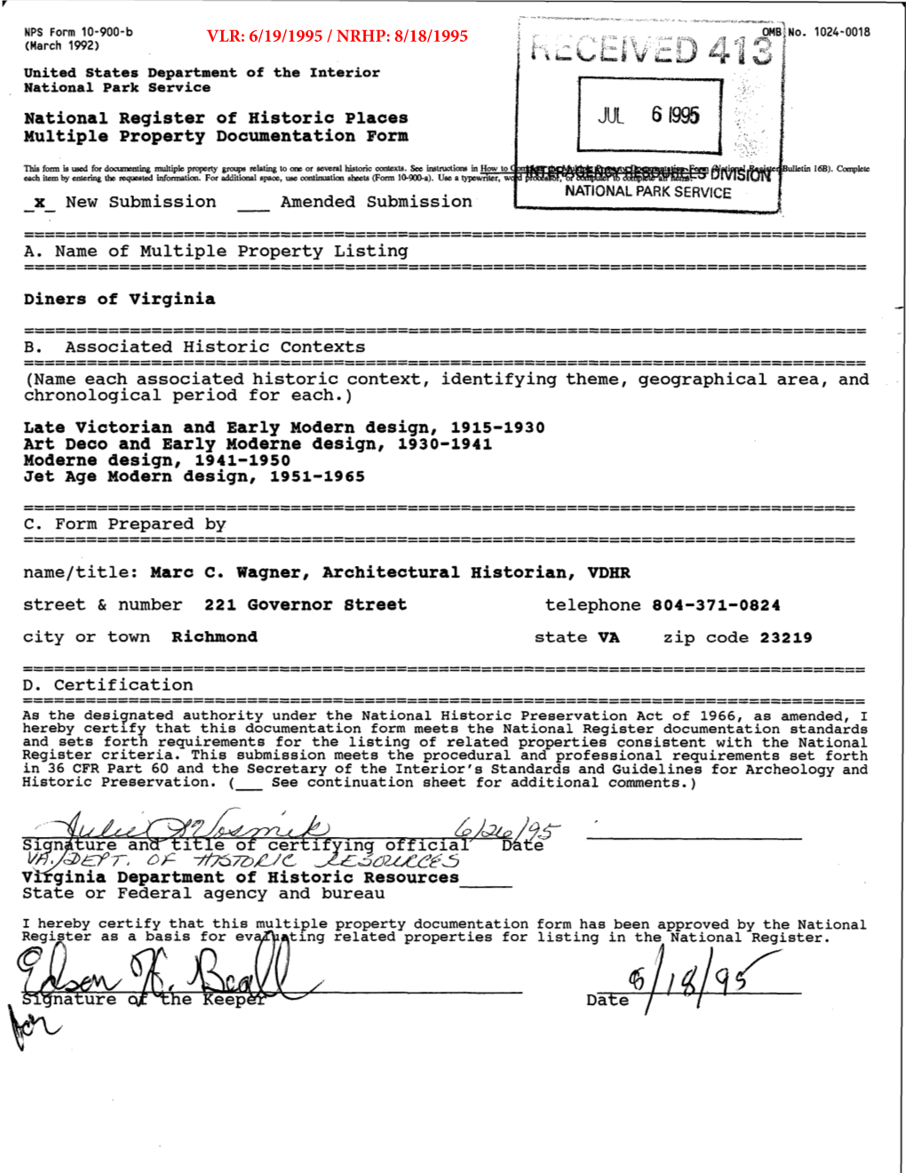 Ti~· F United States Department of the Interior National Park Service National Register of Historic Places JUL 61995 Multiple Property Documentation Form