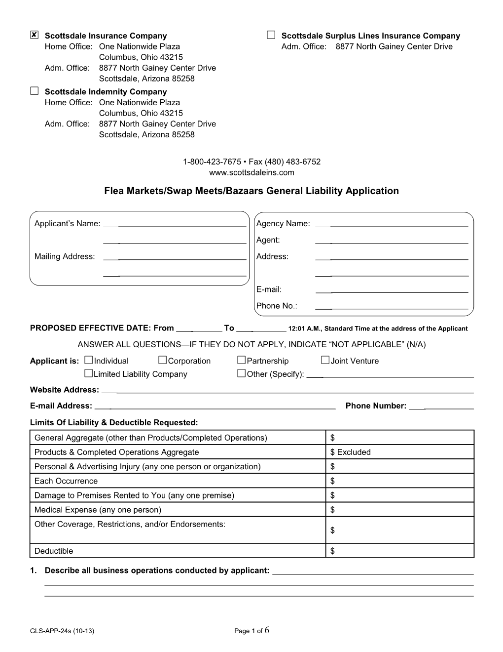 Flea Markets/Swap Meets/Bazaars General Liability Application