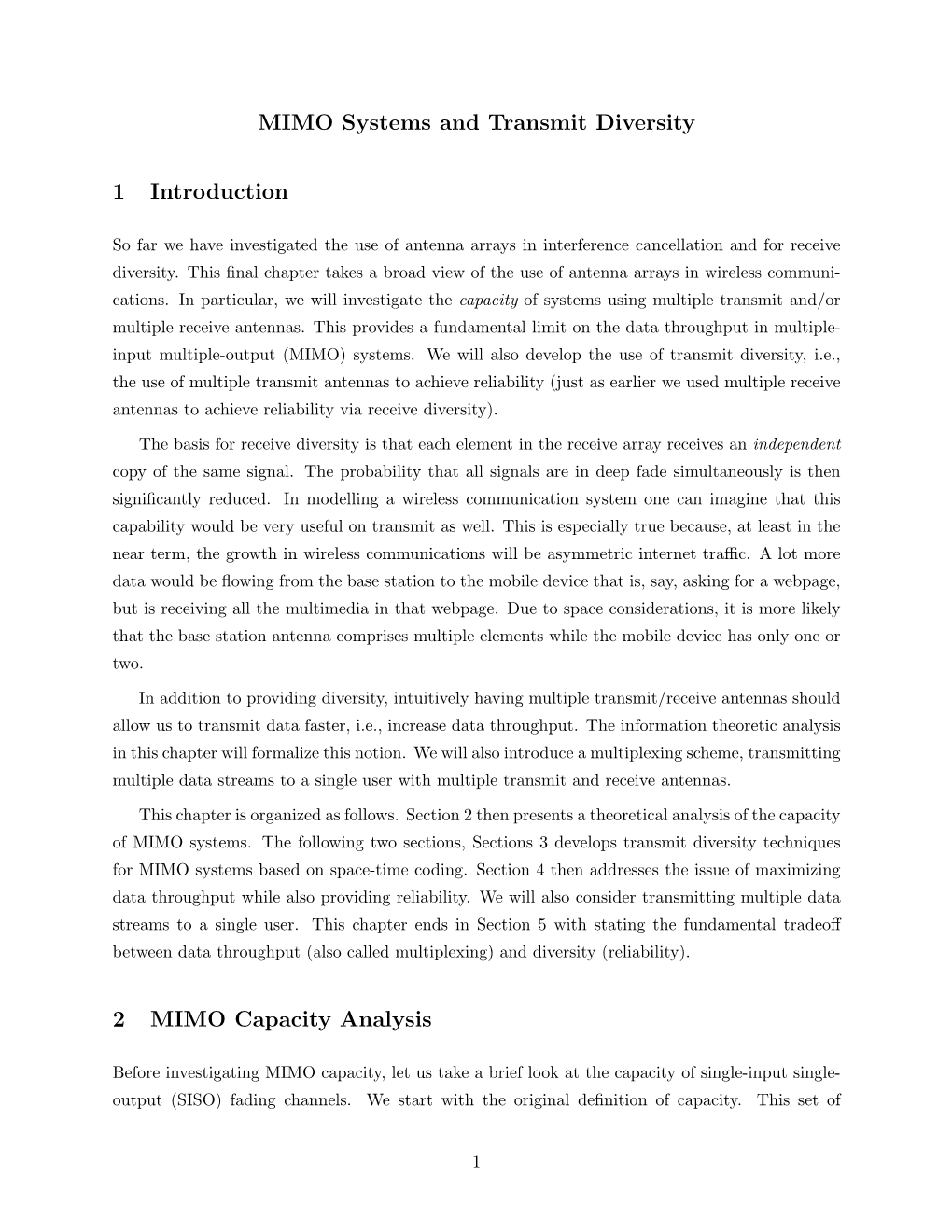 MIMO Systems and Transmit Diversity 1 Introduction 2 MIMO Capacity Analysis