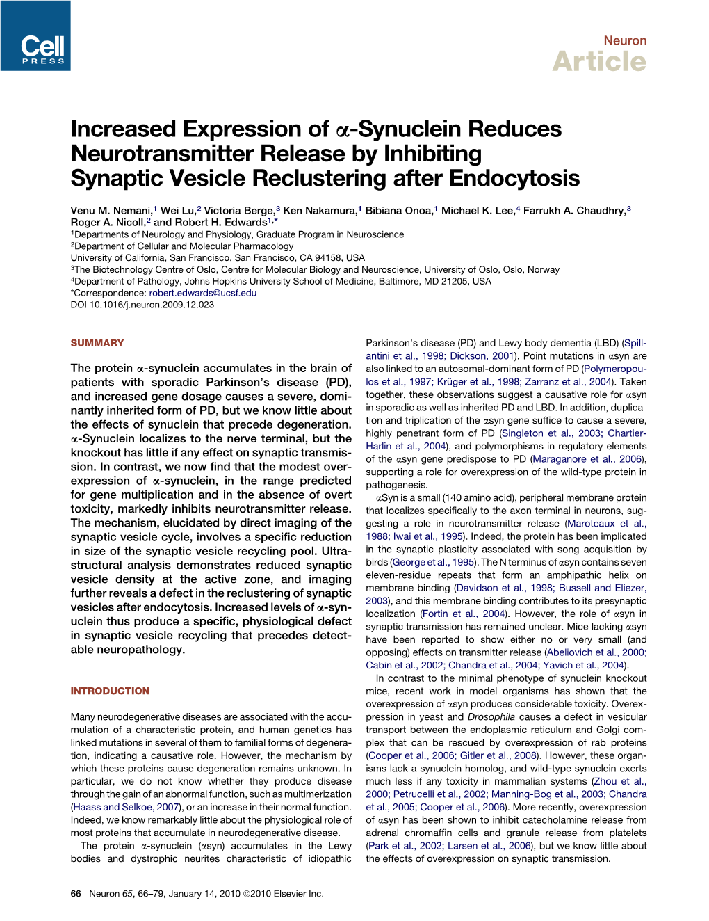 Synuclein Reduces Neurotransmitter Release by Inhibiting Synaptic Vesicle Reclustering After Endocytosis