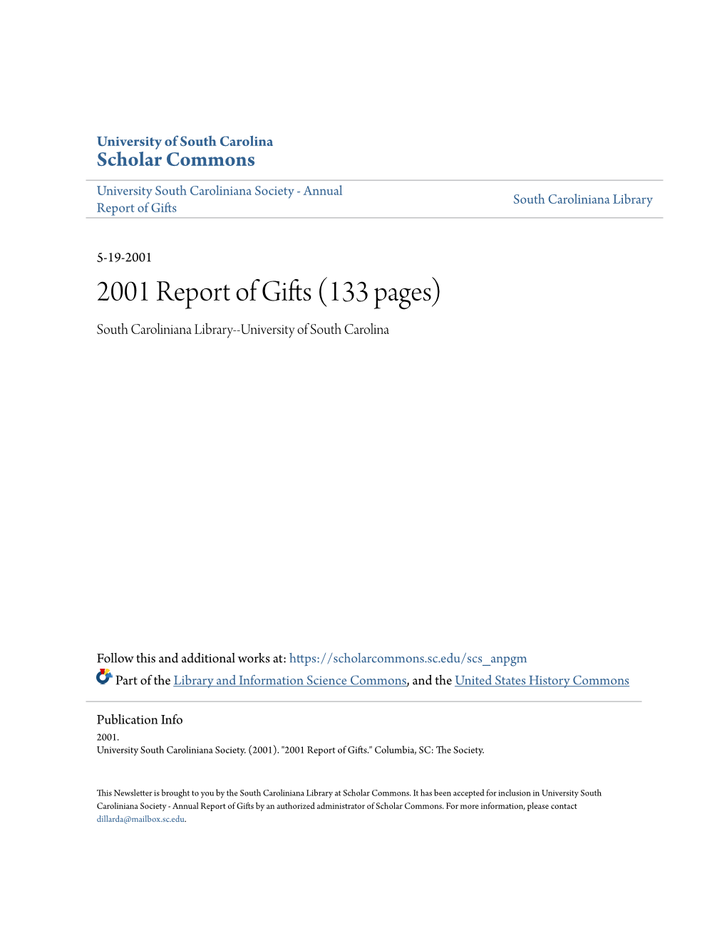 2001 Report of Gifts (133 Pages) South Caroliniana Library--University of South Carolina
