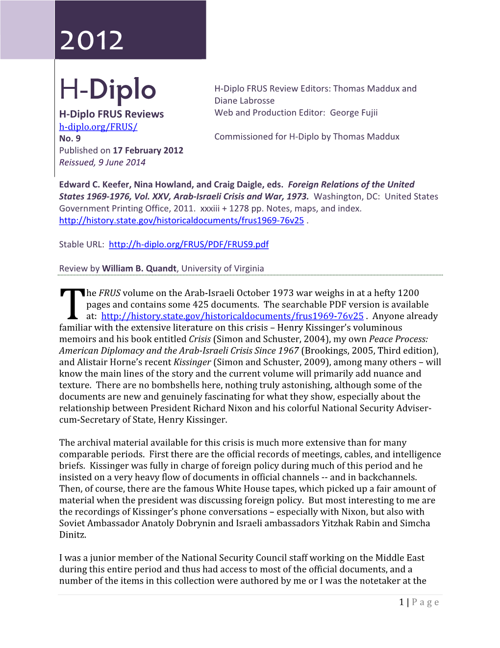 H-Diplo FRUS Review No. 9 (2012)