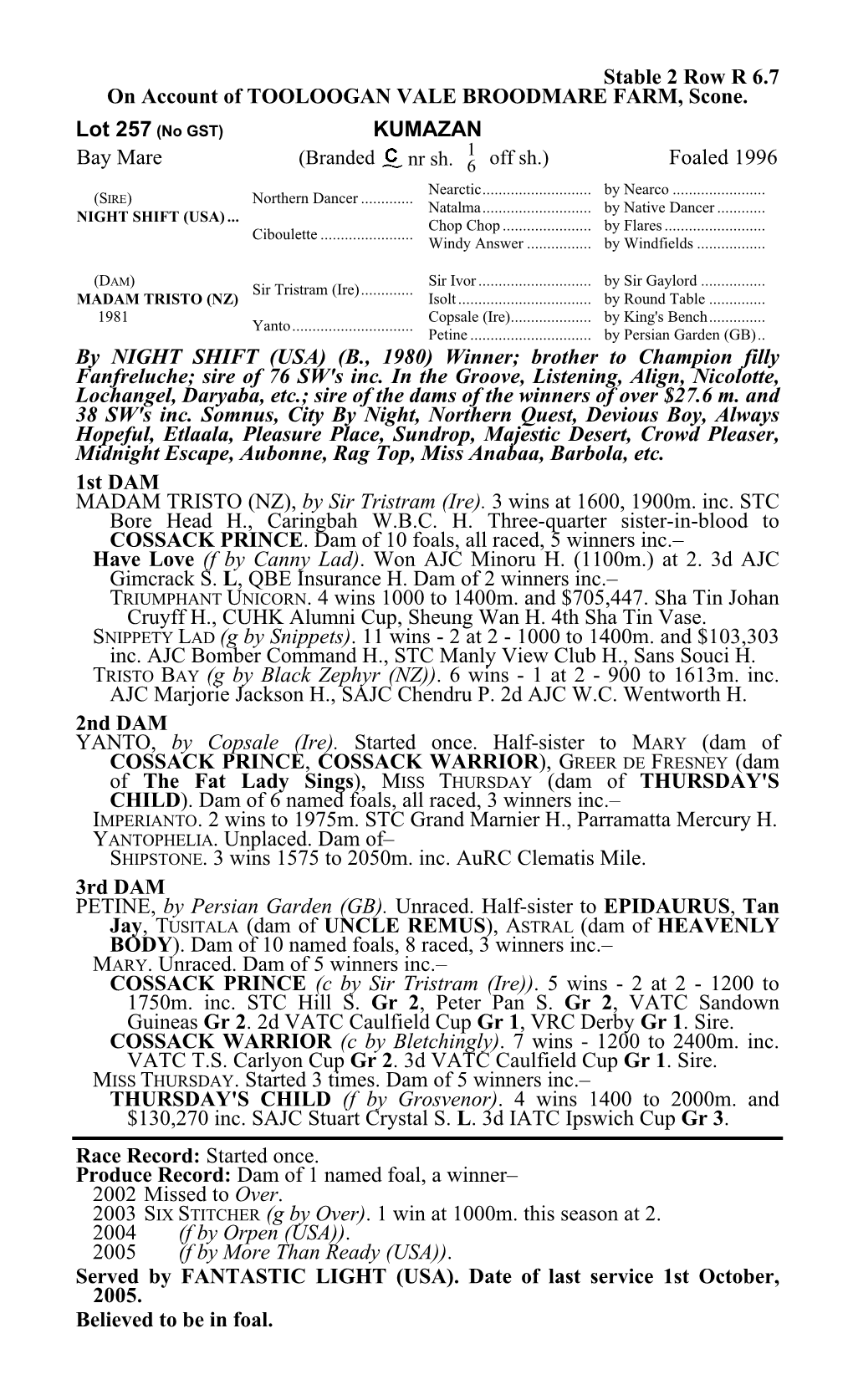 Stable 2 Row R 6.7 on Account of TOOLOOGAN VALE BROODMARE FARM, Scone