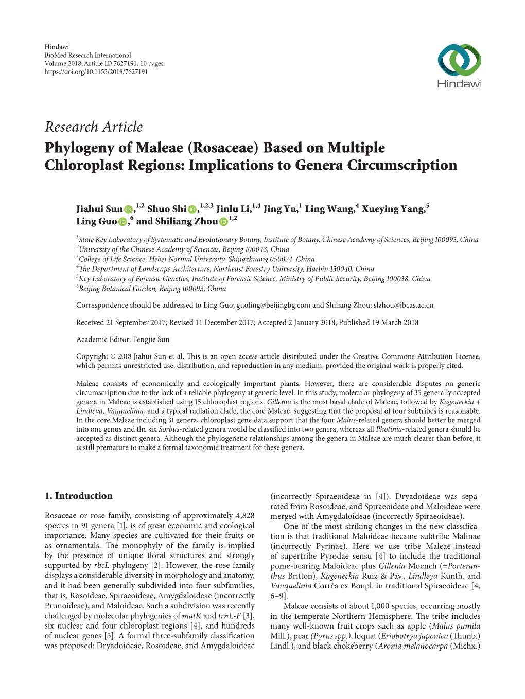 Phylogeny of Maleae (Rosaceae) Based on Multiple Chloroplast Regions: Implications to Genera Circumscription