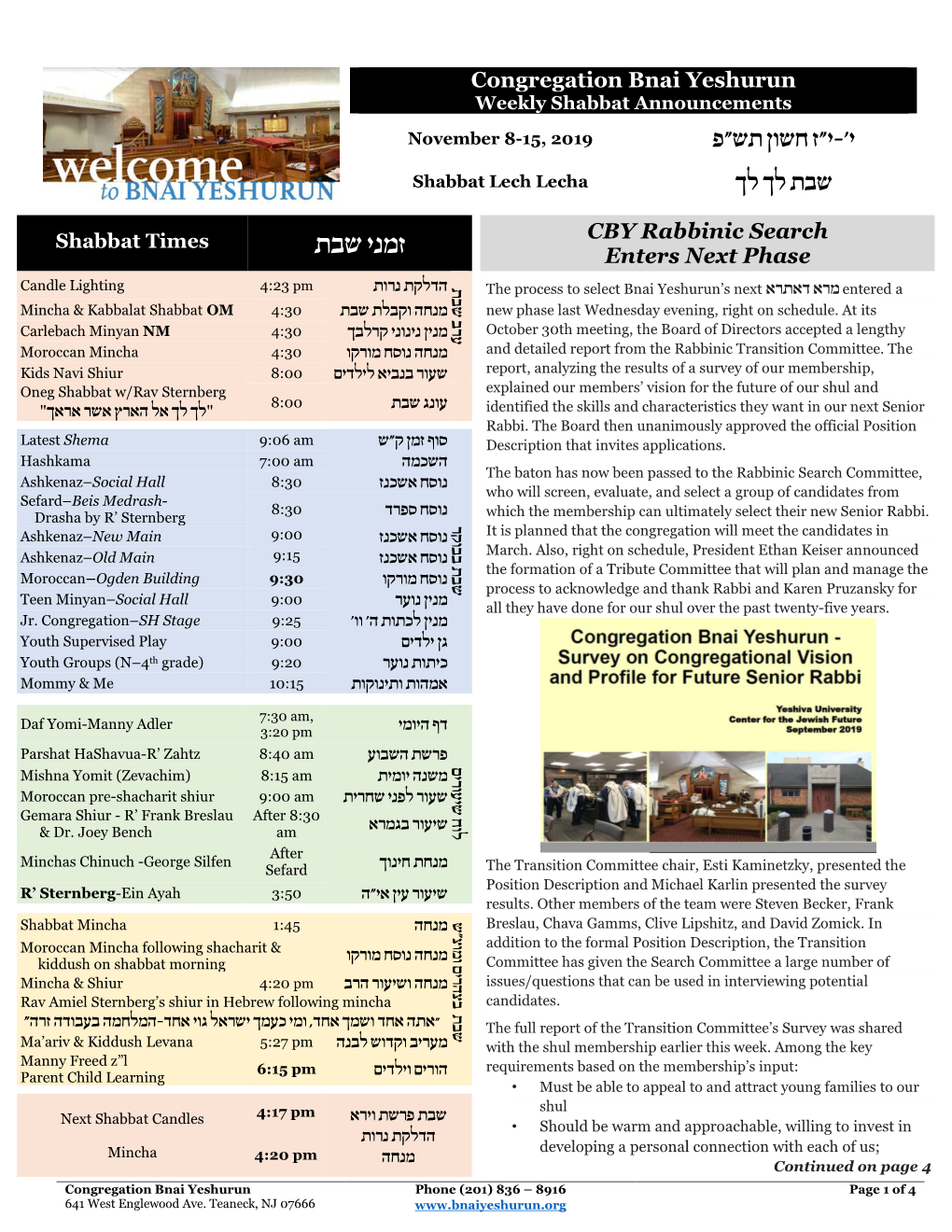 Congregation Bnai Yeshurun Weekly Shabbat Announcements י'-י"ז חשון תש"פ November 8-15, 2019