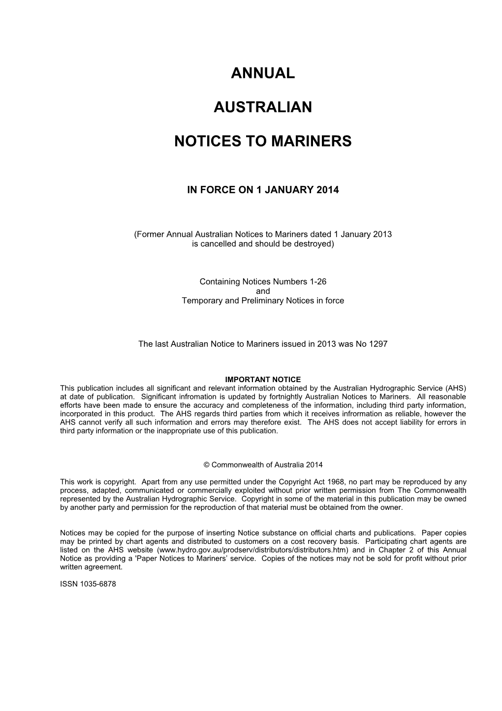 Annual Australian Notices to Mariners Dated 1 January 2013 Is Cancelled and Should Be Destroyed)