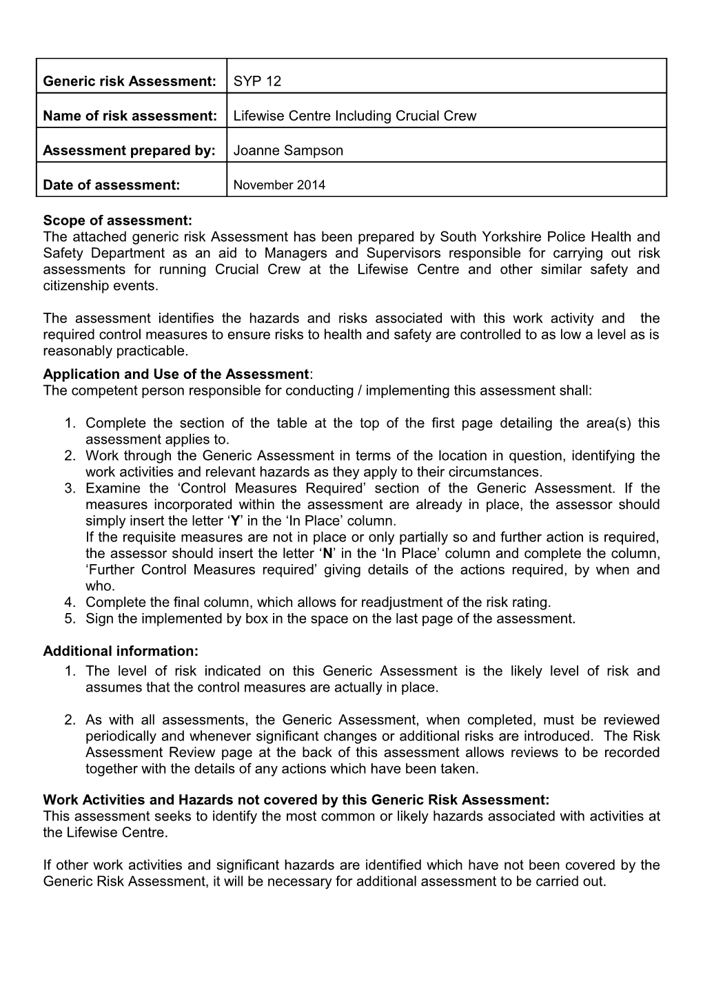 Management of Health and Safety at Work Regulations Generic Risk Assessment Record