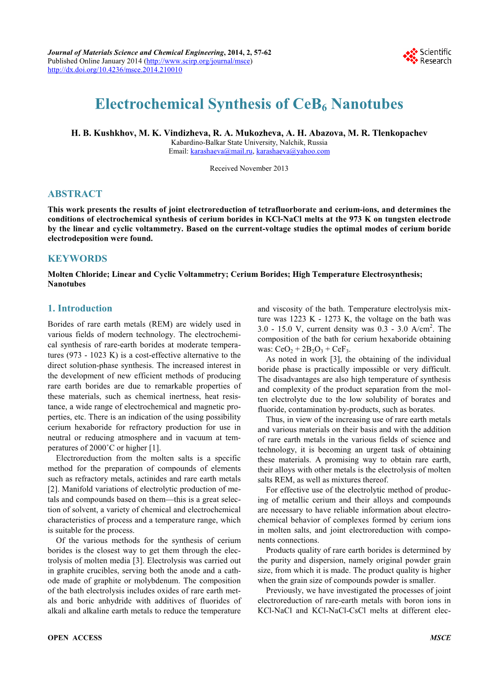 Electrochemical Synthesis of Ceb6 Nanotubes