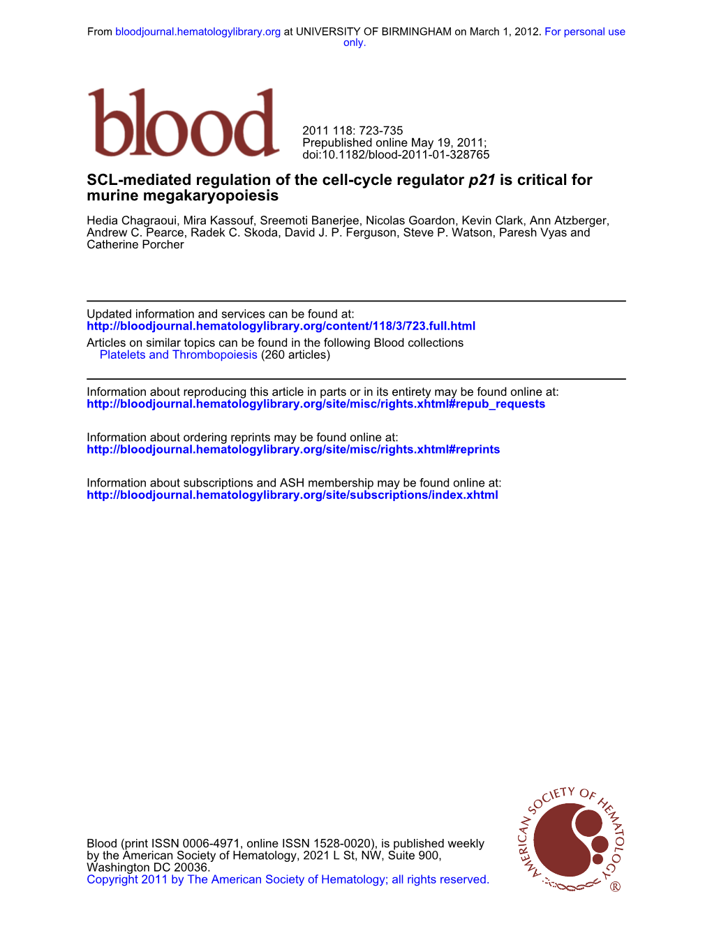 Murine Megakaryopoiesis Is Critical for P21 SCL-Mediated Regulation Of