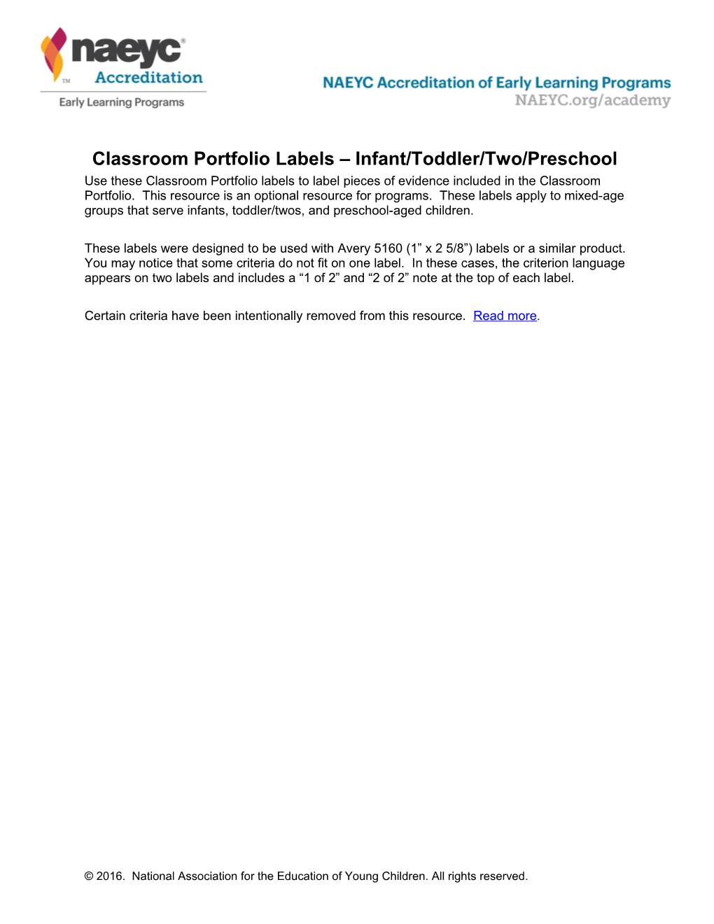 Classroom Portfolio Labels Infant/Toddler/Two/Preschool