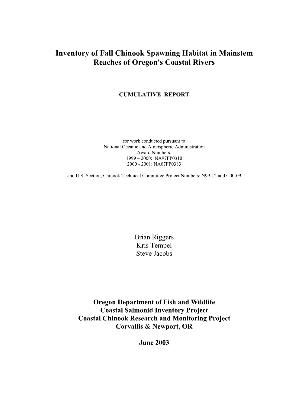 Inventory of Fall Chinook Spawning Habitat in Mainstem Reaches of Oregon's Coastal Rivers