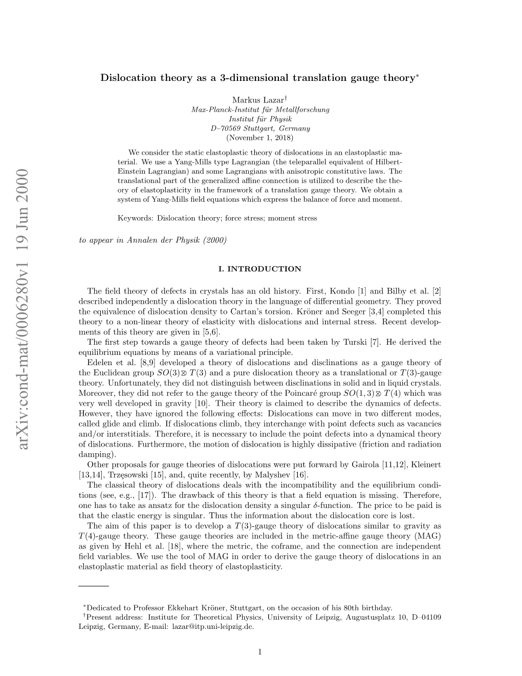 Arxiv:Cond-Mat/0006280V1 19 Jun 2000 H Ulda Group Euclidean the Fdsoain.Frhroe H Oino Ilcto Shgl Dissip Highly Is Dislocation Point of the Motion Damping)