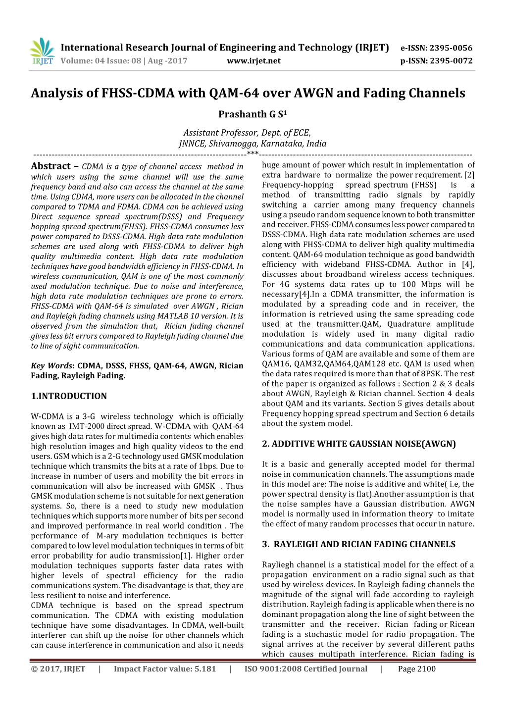 Analysis of FHSS-CDMA with QAM-64 Over AWGN and Fading Channels Prashanth G S1