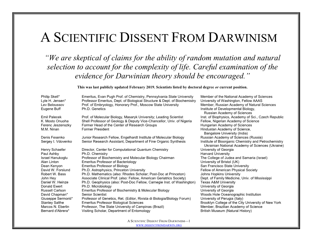 A Scientific Dissent from Darwinism