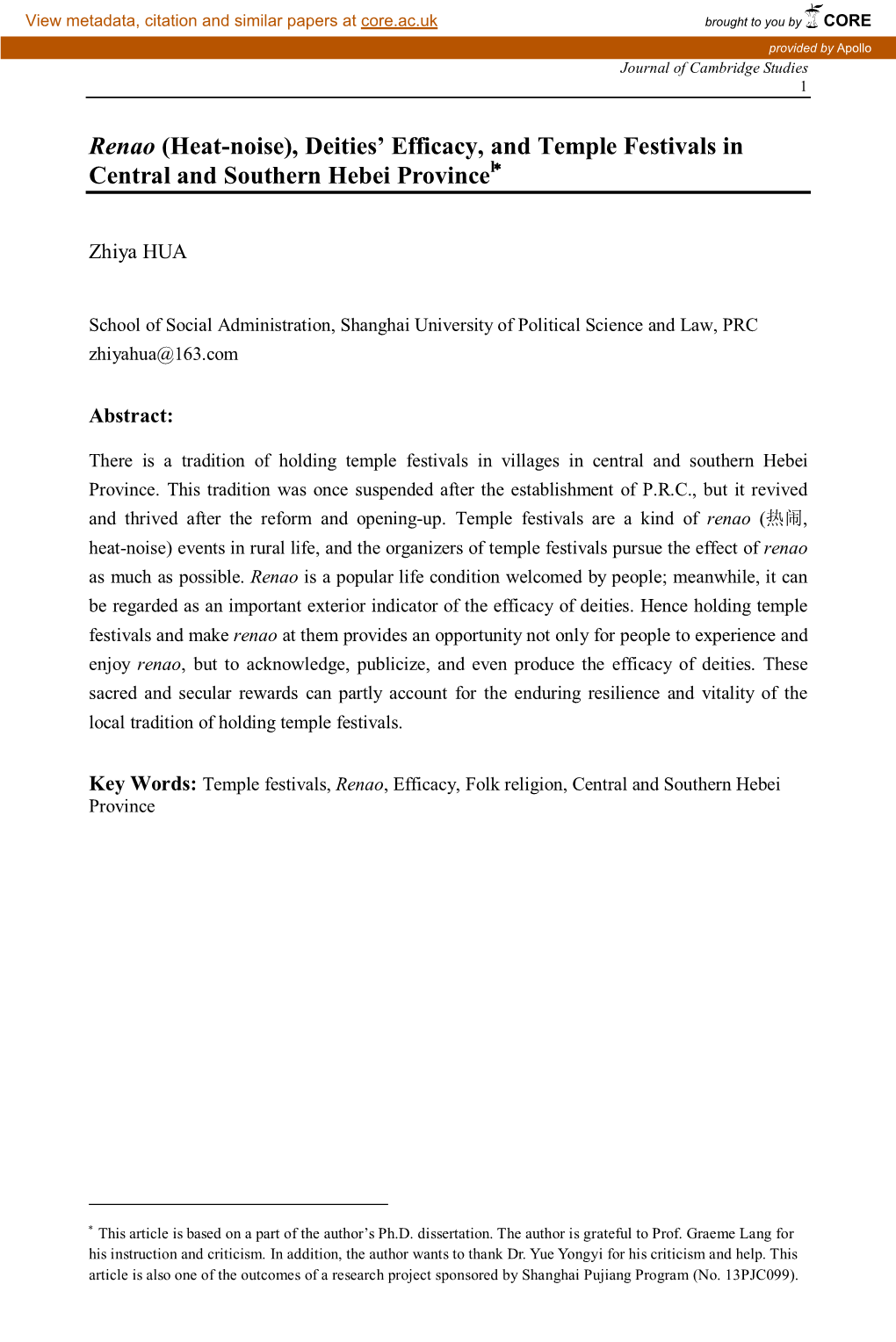 Renao (Heat-Noise), Deities’ Efficacy, and Temple Festivals in Central and Southern Hebei Provincel