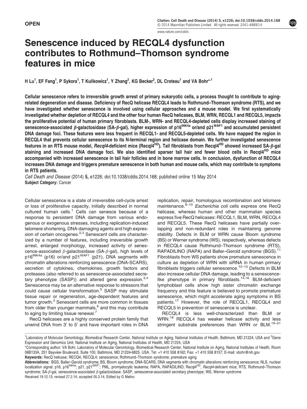 Senescence Induced by RECQL4 Dysfunction Contributes to Rothmund–Thomson Syndrome Features in Mice