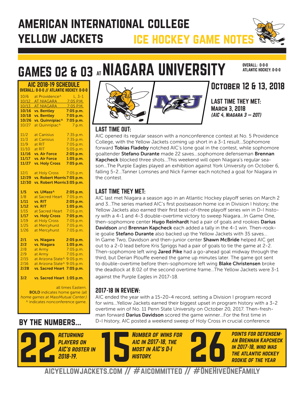 American International College Yellow Jackets Ice Hockey Game Notes